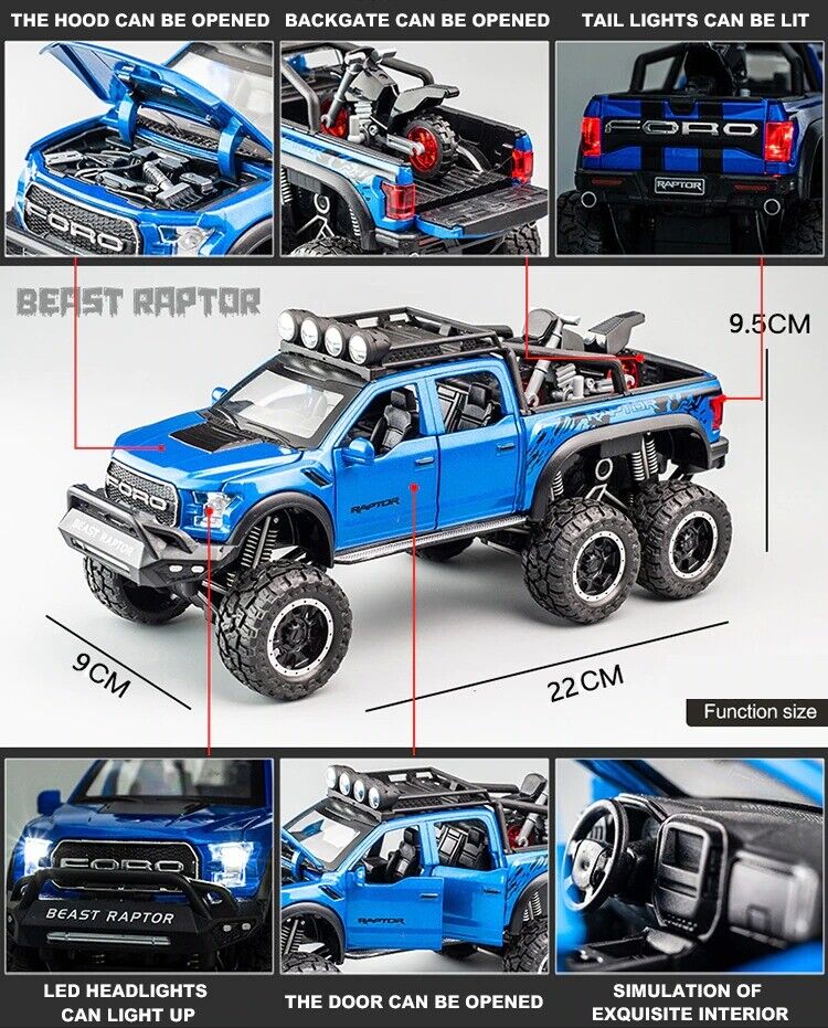 1:24 Ford Raptor F150 6x6 Diecast Model Truck | Modified Off - Road Alloy SUV | Pull Back Action | Metal Toy for Kids & Collectors - Mahal Al Madinahdiecast carMahal Al MadinahMahal Al MadinahBLUE1:24 Ford Raptor F150 6x6 Diecast Model Truck | Modified Off - Road Alloy SUV | Pull Back Action | Metal Toy for Kids & Collectors1:24 Ford Raptor F150 6x6 Diecast Model Truck | Modified Off - Road Alloy SUV | Pull Back Action | Metal Toy for Kids & Collectors