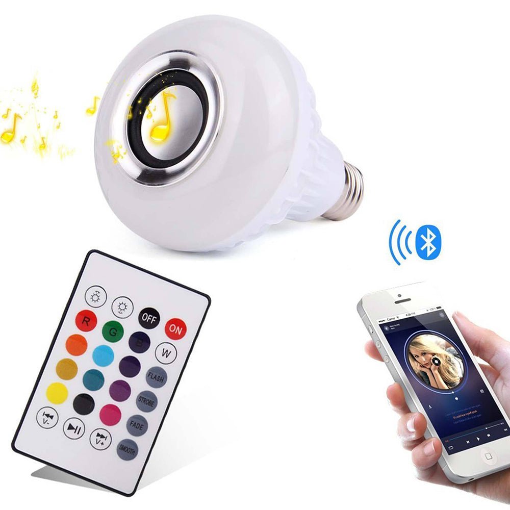 12W RGB LED Bluetooth Music Bulb with Remote | Color - Changing Light & Wireless Speaker in One (E27 Base) - Mahal Al MadinahMahal Al MadinahMahal Al Madinah12W RGB LED Bluetooth Music Bulb with Remote | Color - Changing Light & Wireless Speaker in One (E27 Base) Mahal Al Madinah12W RGB LED Bluetooth Music Bulb with Remote | Color - Changing Light & Wireless Speaker in One (E27 Base)