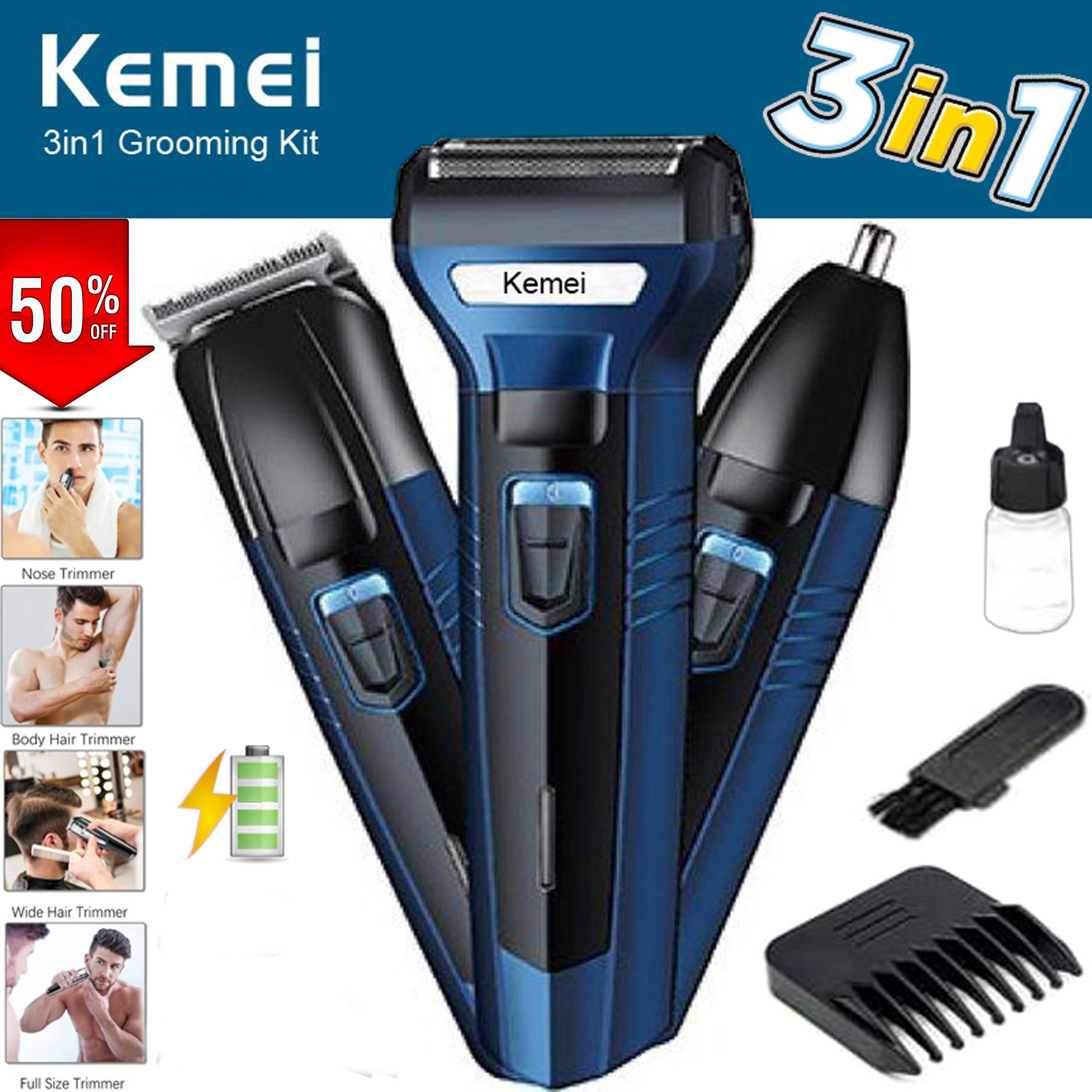 KEMEI Original 3 - in - 1 Rechargeable Shaving Machine – Beard & Hair Clipper + Nose Hair Trimmer | Professional Grooming Kit for Men | Stainless Steel Precision Blades | Multi - Purpose Trimmer Set - Mahal Al MadinahHair & Beard TrimmerMahal Al MadinahMahal Al MadinahKEMEI Original 3 - in - 1 Rechargeable Shaving Machine – Beard & Hair Clipper + Nose Hair Trimmer | Professional Grooming Kit for Men | Stainless Steel Precision Blades | Multi - Purpose Trimmer Set.KEMEI Original 3 - in - 1 Rechar