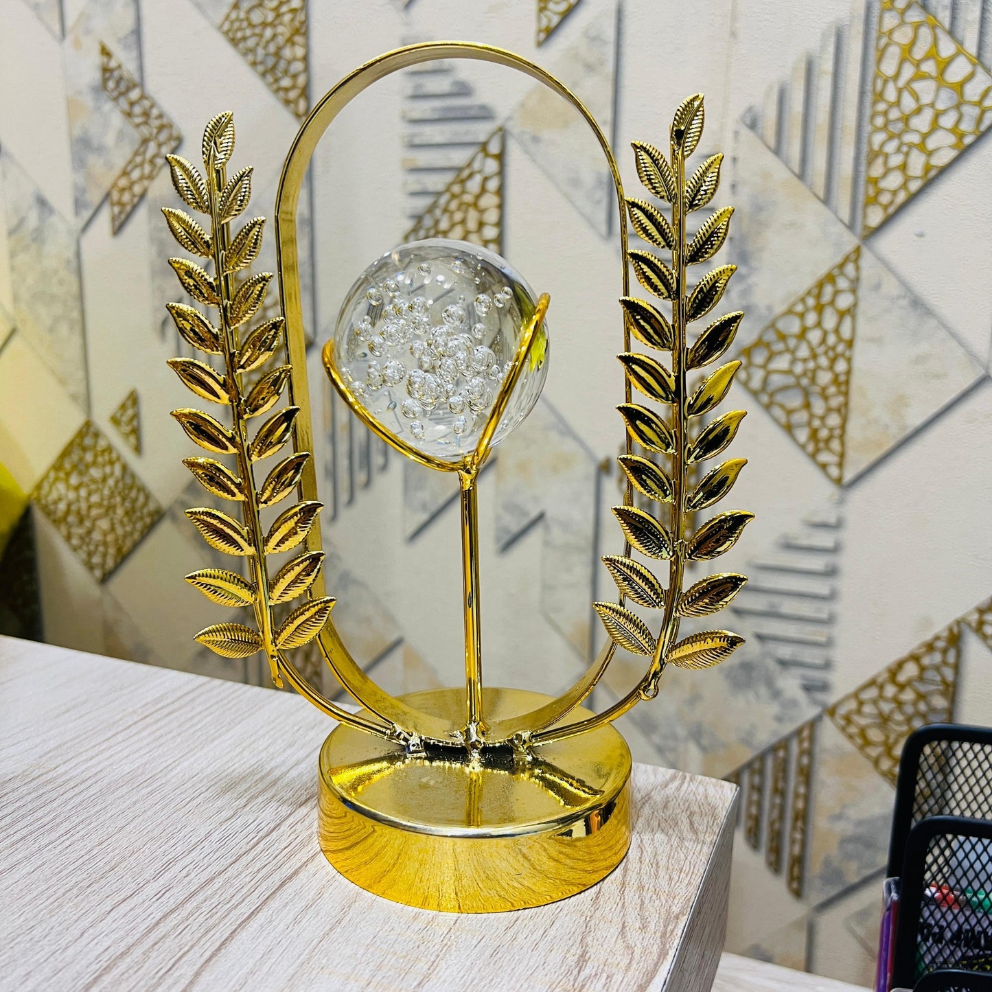 Luxury Gold Metal & Glass Decorative Showpiece | Leaf & Crystal Sphere Table Ornament for Home, Office & Gifting - Mahal Al MadinahMahal Al MadinahMahal Al MadinahLuxury Gold Metal & Glass Decorative Showpiece | Leaf & Crystal Sphere Table Ornament for Home, Office & Gifting Mahal Al MadinahLuxury Gold Metal & Glass Decorative Showpiece | Leaf & Crystal Sphere Table Ornament for Home, Office & Gifting