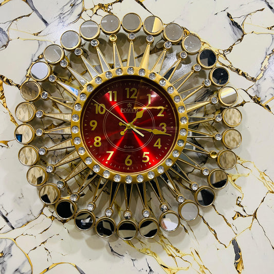 Luxury Sunburst Wall Clock – Gold & Red | Decorative Mirror Design