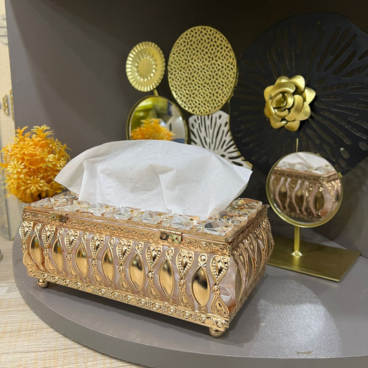 Luxury Gold Crystal Tissue Box Cover – Decorative Rectangle Facial Tissue Holder + Free Tissue Packet