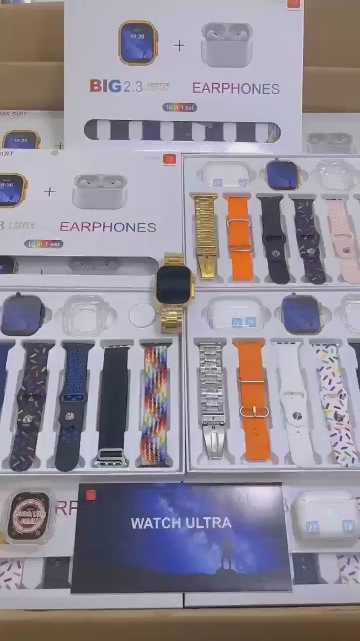 i20 Ultra Max Smartwatch Combo | 10-in-1 Gift Box with 2.3” Display, Strap + AirPods + Case – Smart Watch for Men, Women, Boys & Girls.
